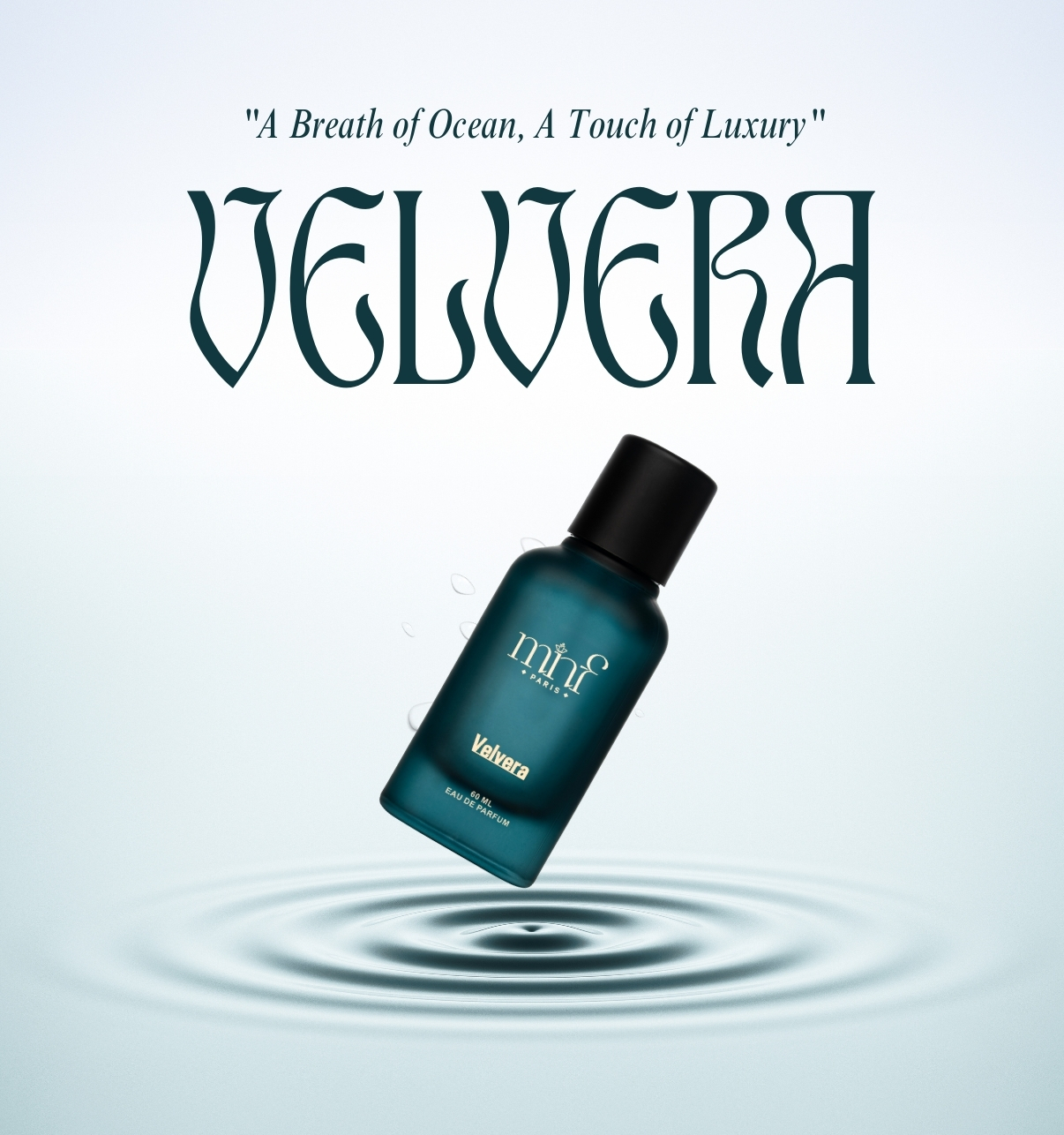 Velvera — Divine Bloom Eau de Parfum by MNF Paris, deep teal bottle with gold serif lettering